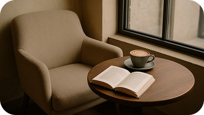 Coffee cup and book on table