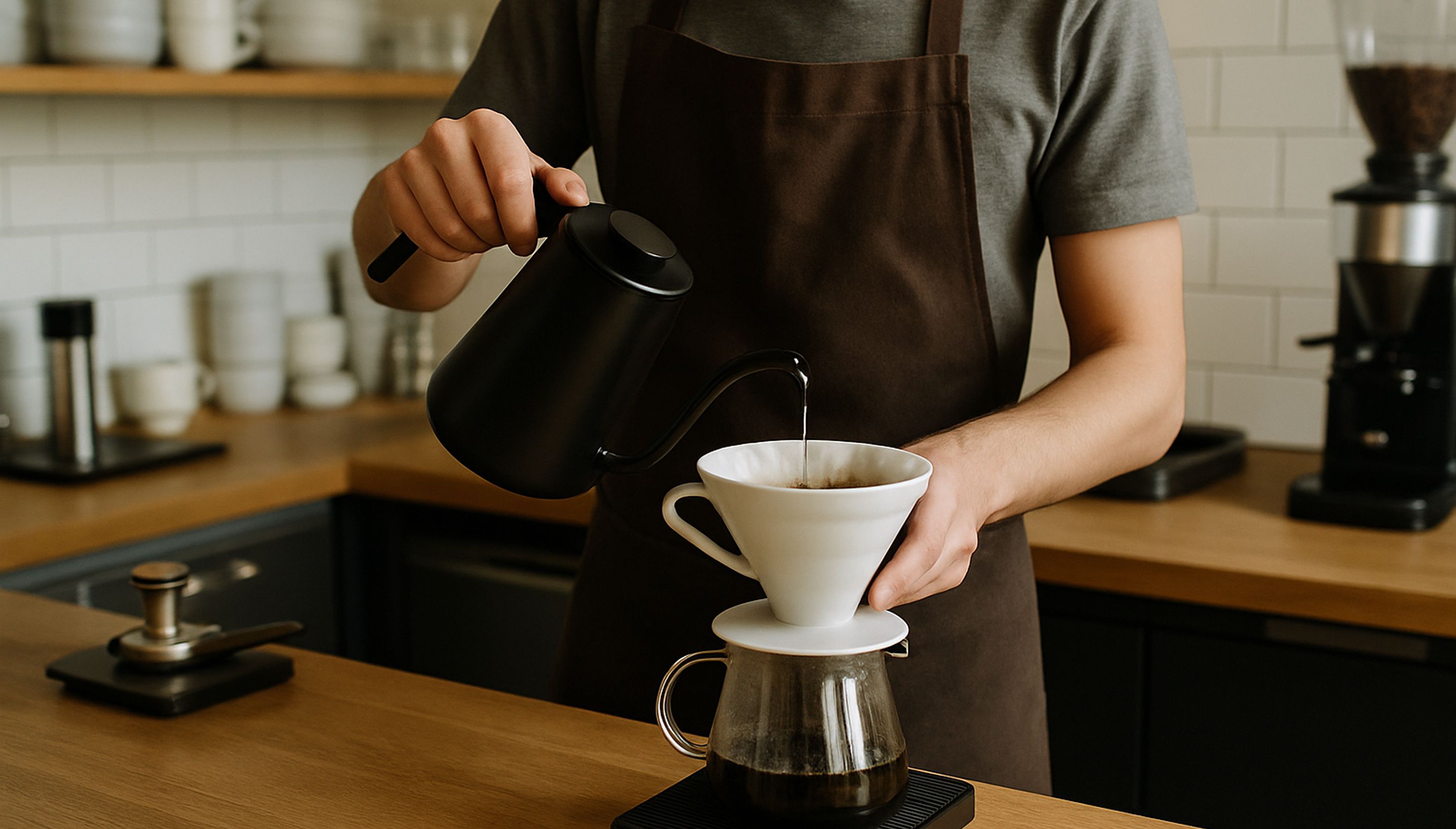 A focused barista in a modern coffee shop carefully making a pour-over or espresso