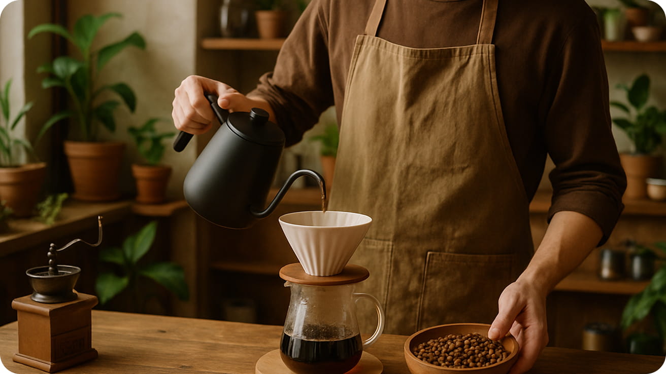 Barista pours coffee through a dripper