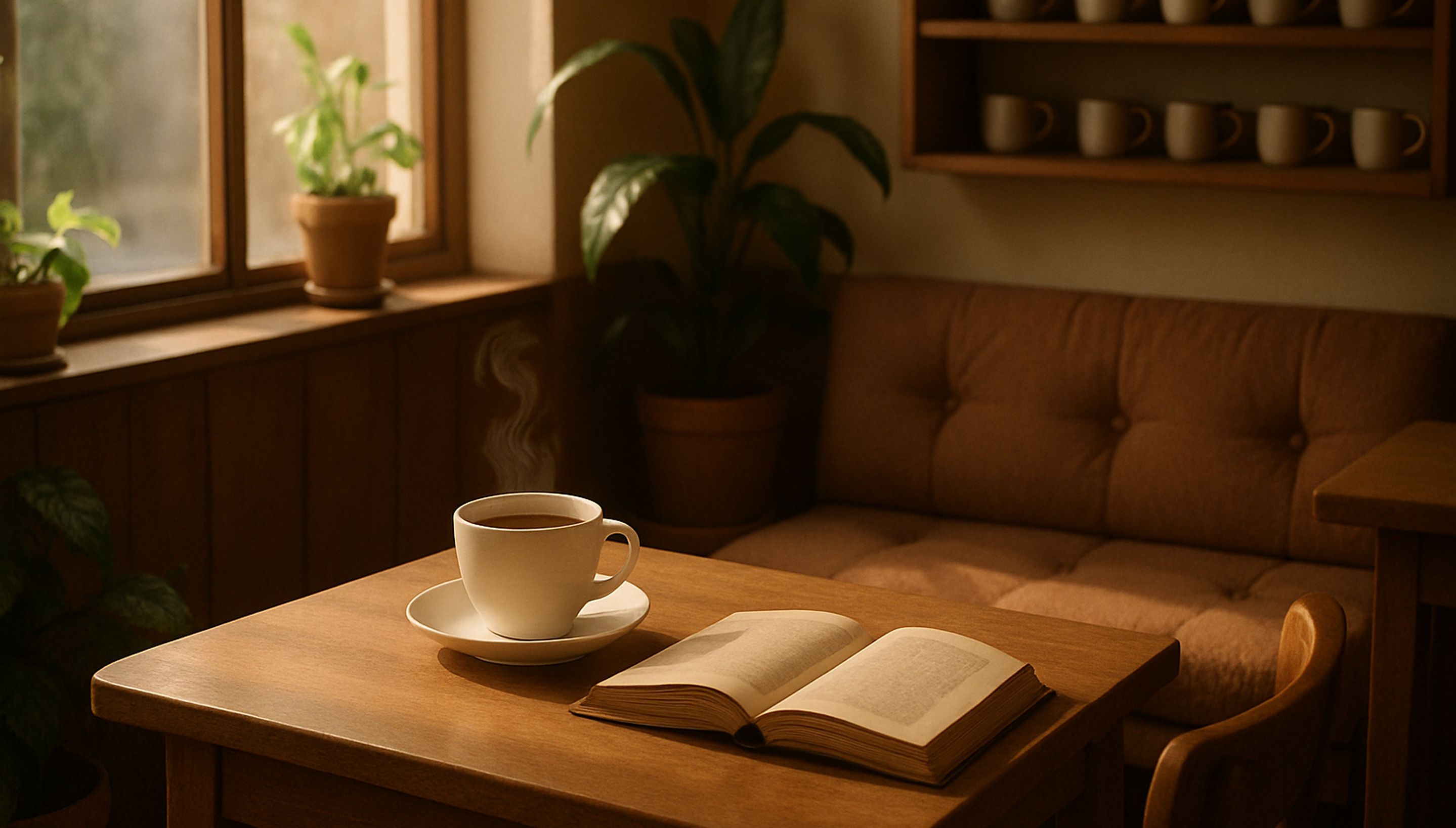 Generate a warm, welcoming coffee shop interior scene